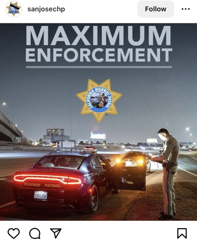 Photo of cop pulling over car, with text "Maximum Enforcement"