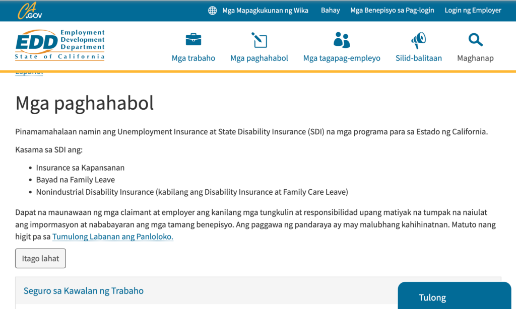 EDD website in Tagalog
