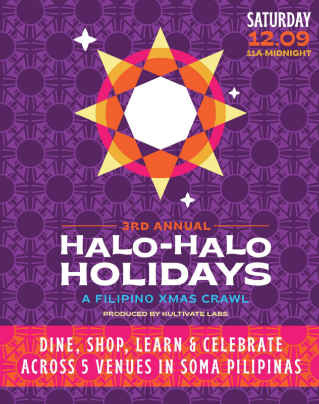 Halo Halo Holidays event poster with art and text