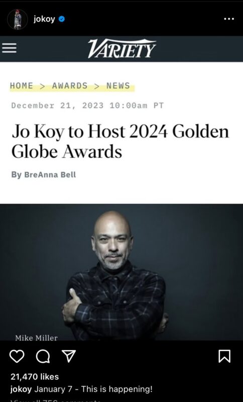 Screen capture of Variety's headline about Jo Koy, with Jo Koy's photo
