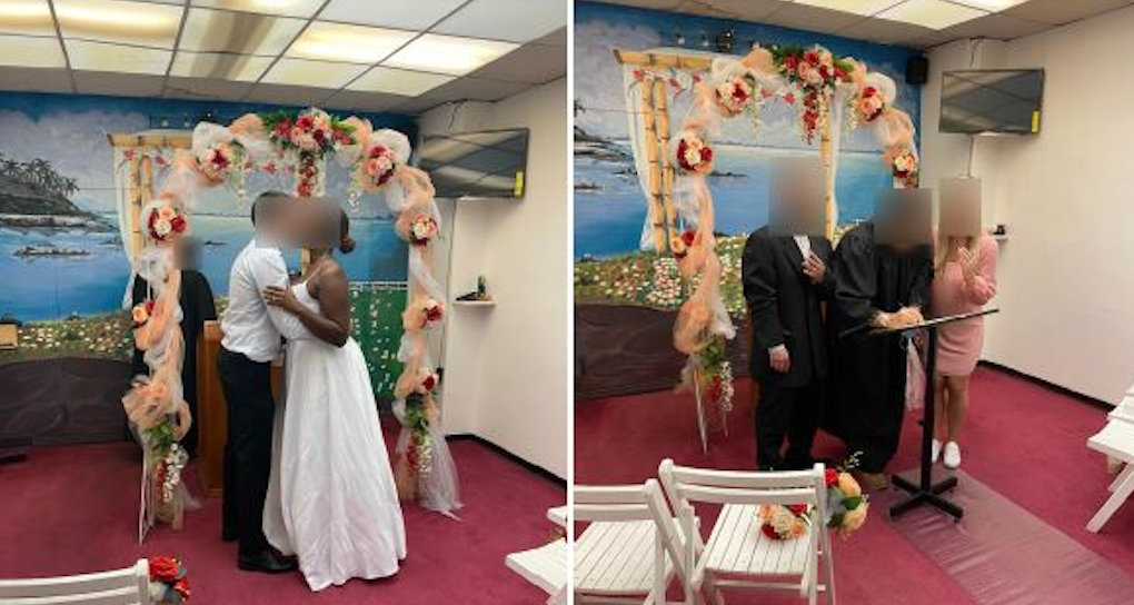 Collage of fake weddings with flower arches