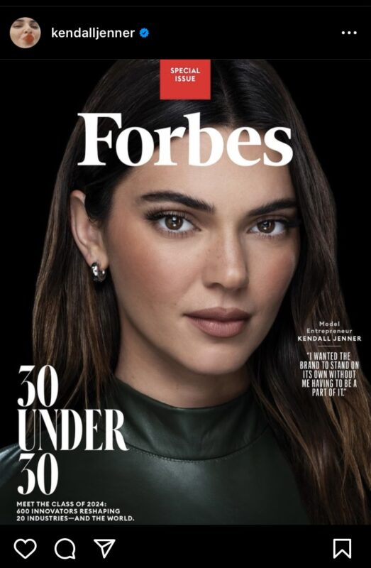 Kendall Jenner on the cover of Forbes 30 Under 30 edition