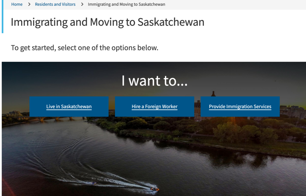 website showing links to more information about immigration to Saskatchewan