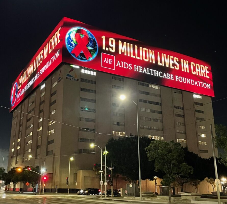 Message – “1.9 Million Lives in Care” – shows on three sides of a building in LA