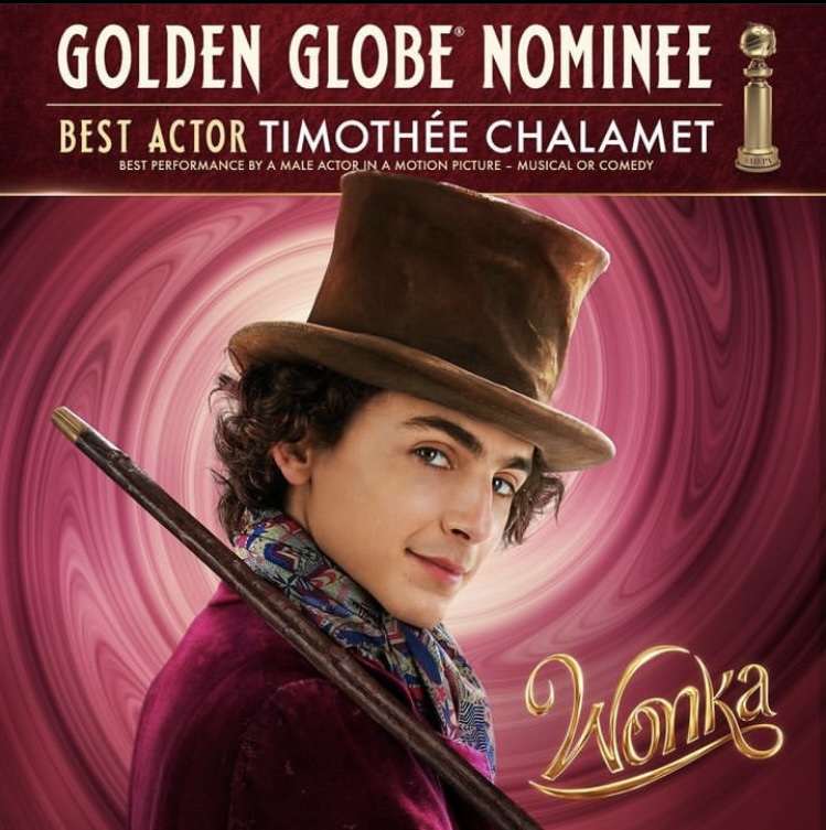 "Wonka" movie poster with text, Golden Globe Nominee