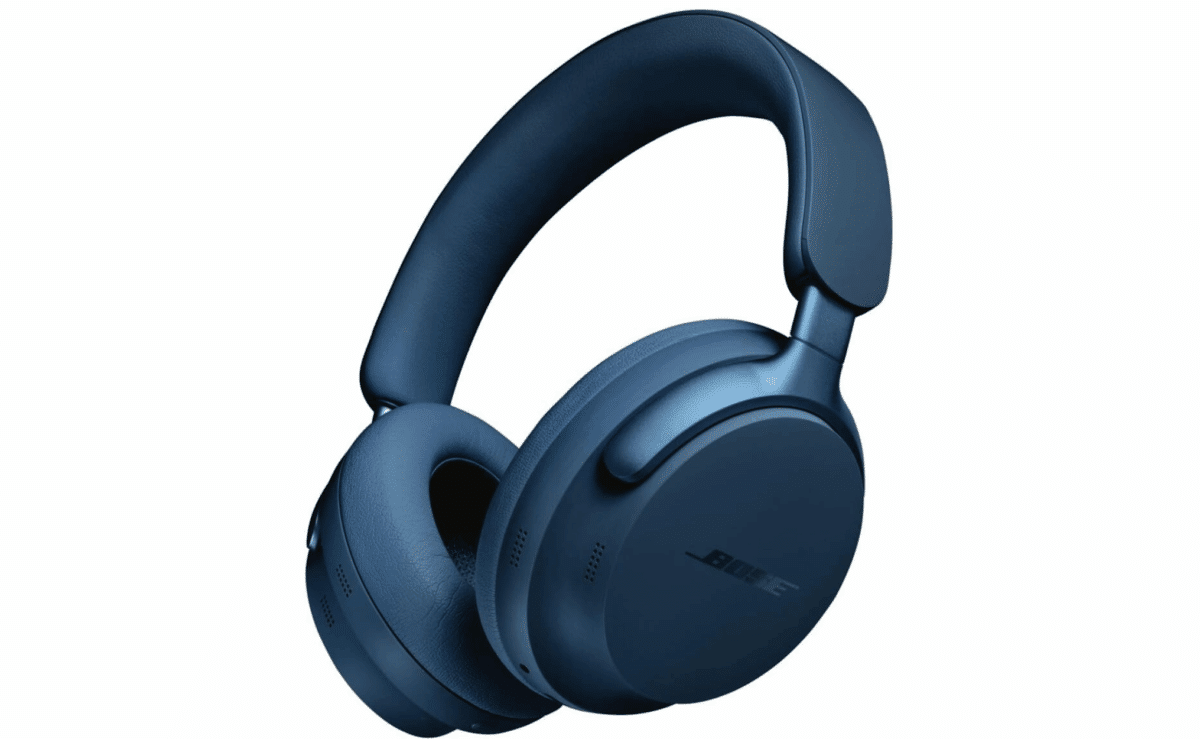 Blue Bose QuietComfort Ultra wireless headphones with padded ear cups.