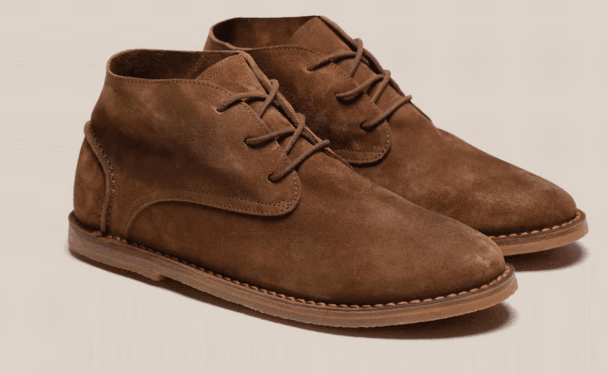 Brown suede chukka-style Alto boot with low-profile sole and lace-up front.