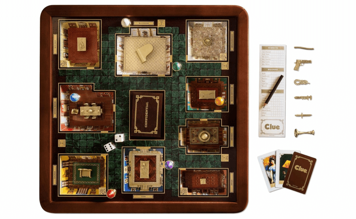 Clue Luxury Edition board game featuring 3D mansion rooms, metal tokens, and wooden frame.