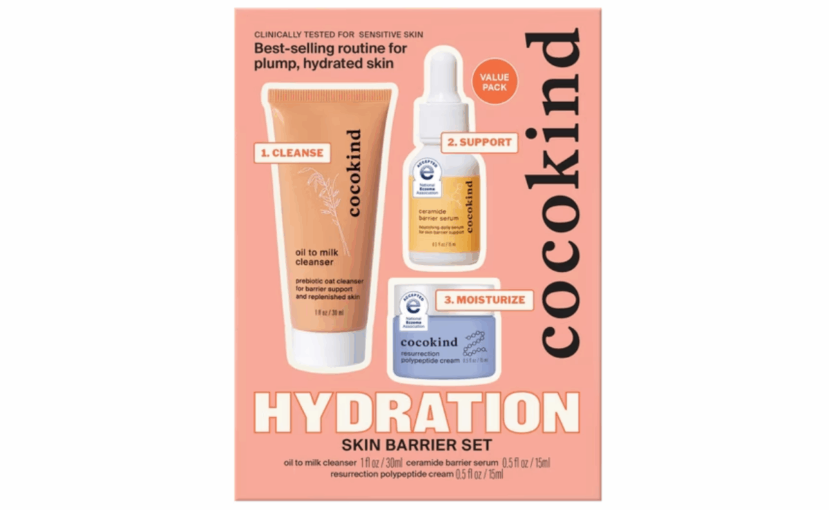Cocokind three-step skincare set including cleanser, serum, and moisturizer.