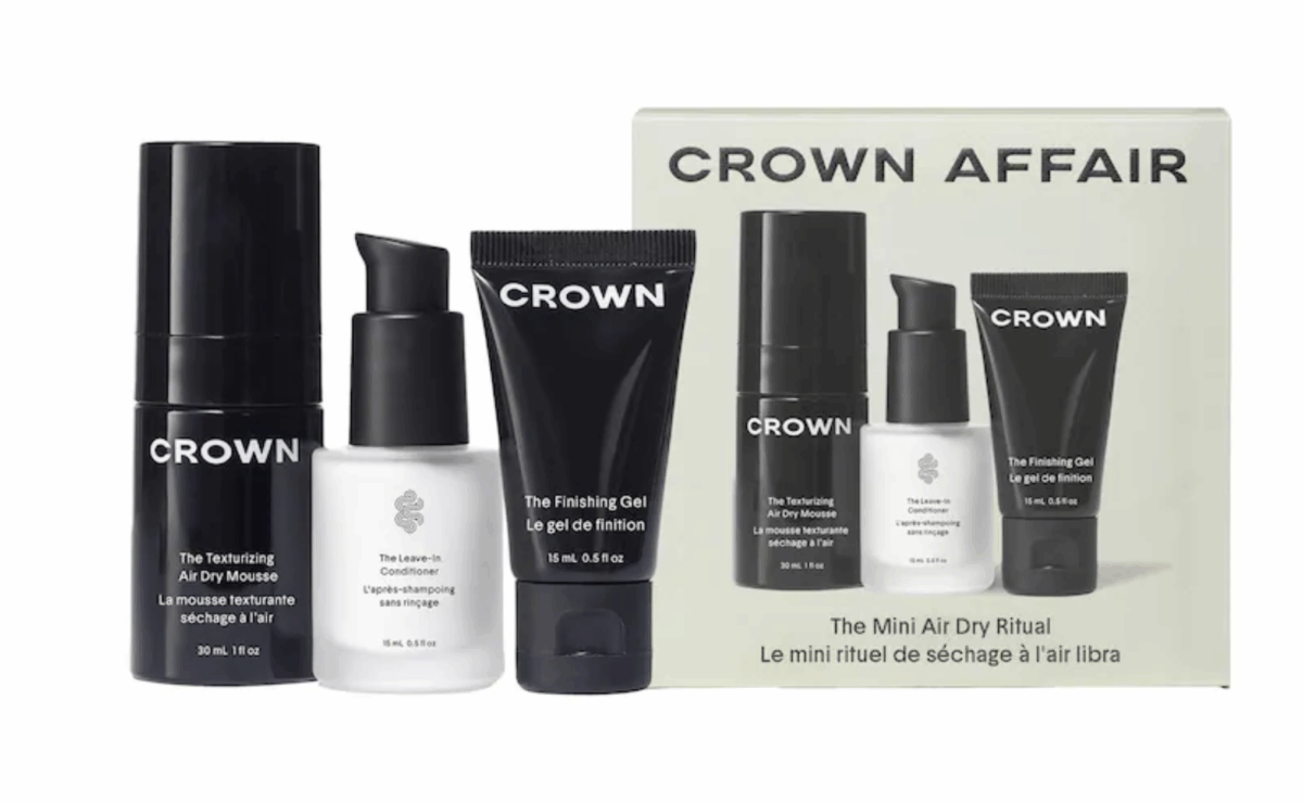 Crown Affair Mini Air Dry Ritual haircare trio including styling gel, leave-in treatment, and lightweight hair product.