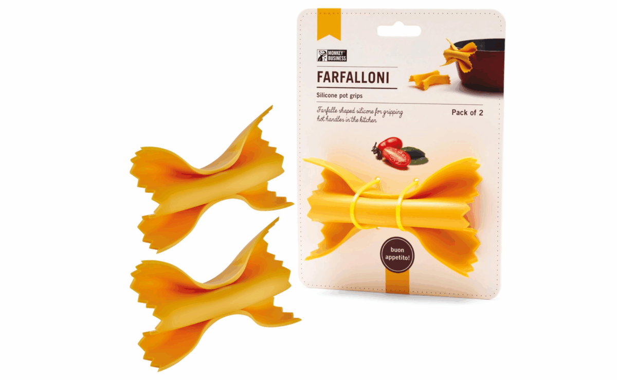 Pot grips designed to look like oversized farfalle pasta pieces.