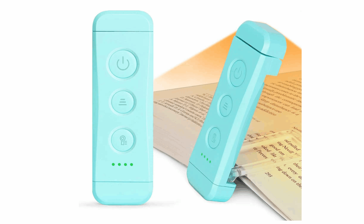Slim Glocusent bookmark reading light illuminating a book page.