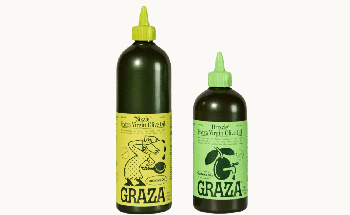 Graza Drizzle and Sizzle olive oil bottles made from sustainably grown olives.