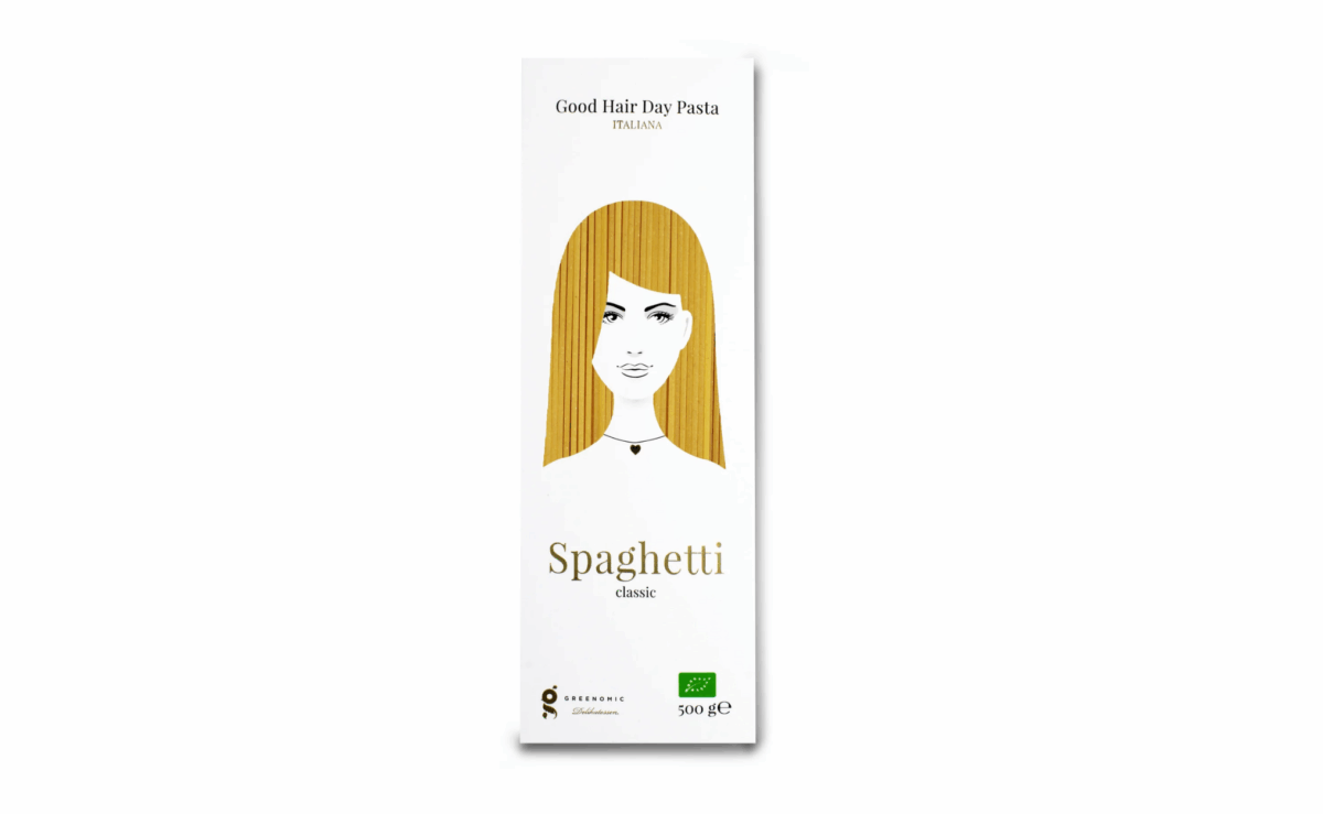 Good Hair Day pasta with a fun, stylish box design and gourmet noodle shape.