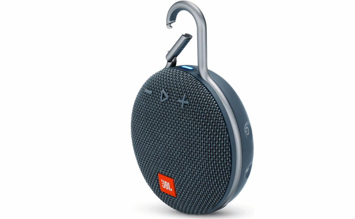 Blue JBL Clip Bluetooth speaker with built-in carabiner hook.