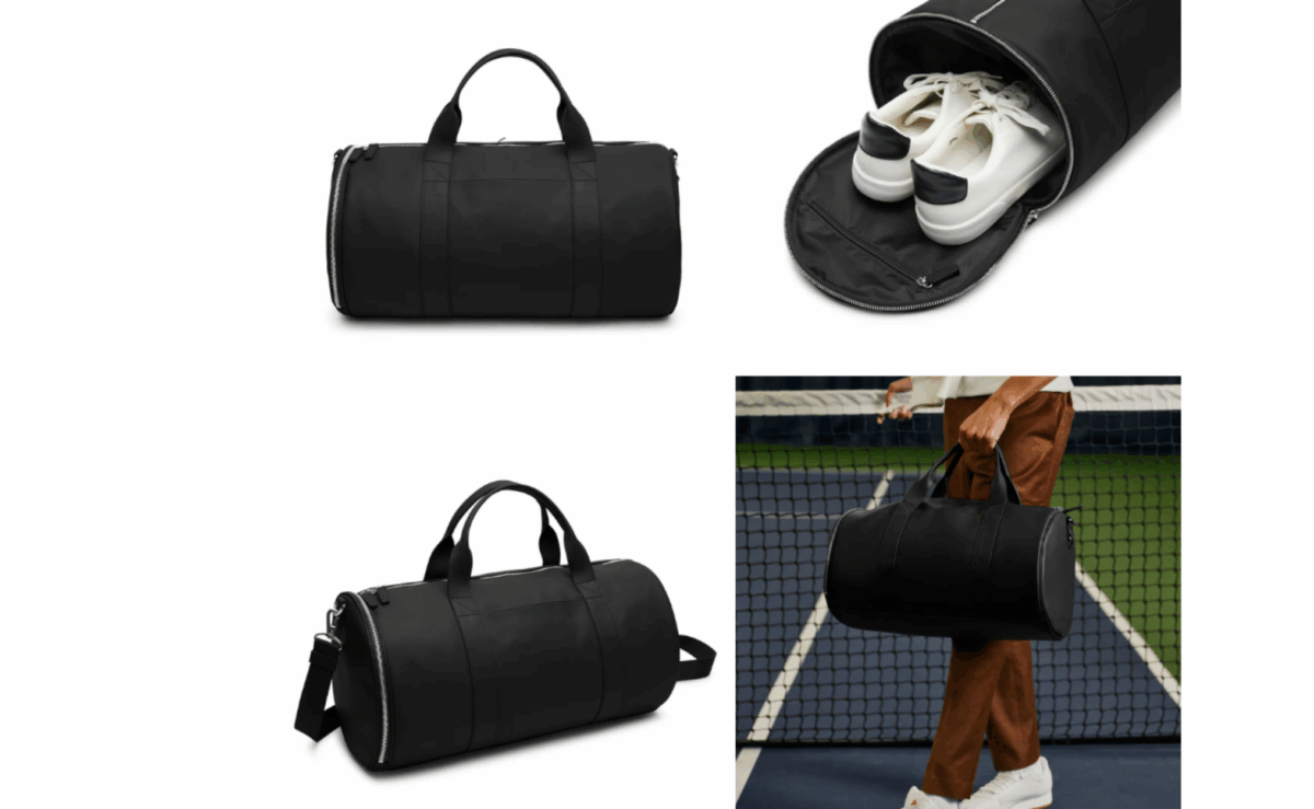 Leatherology Barrel gym bag with handles and shoulder strap.