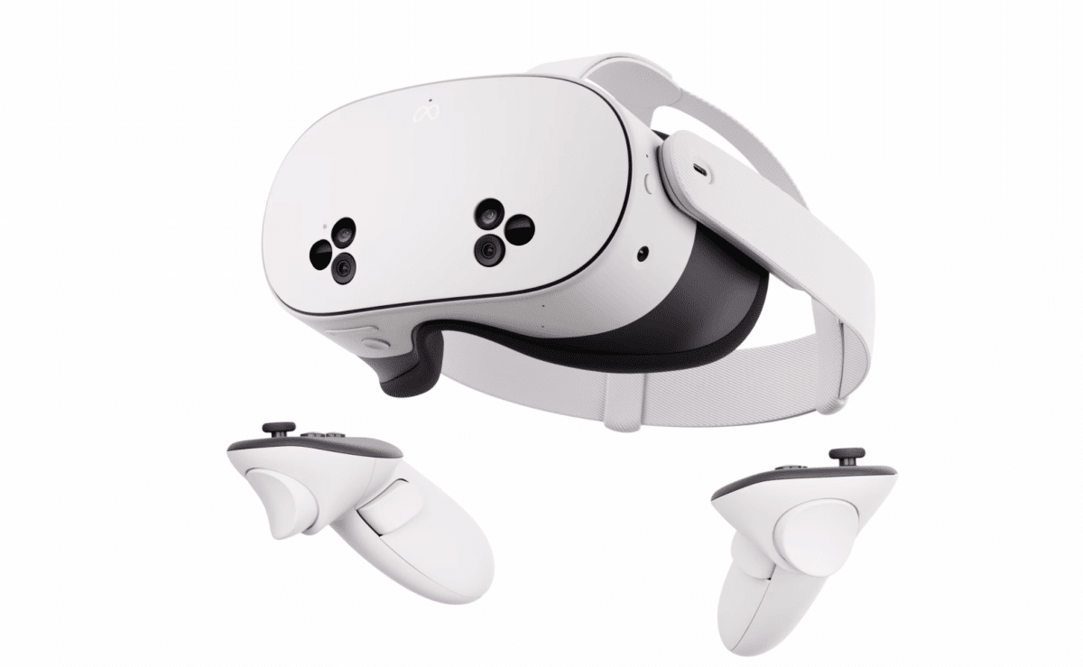 Meta Quest 3S VR headset with controllers on a table.