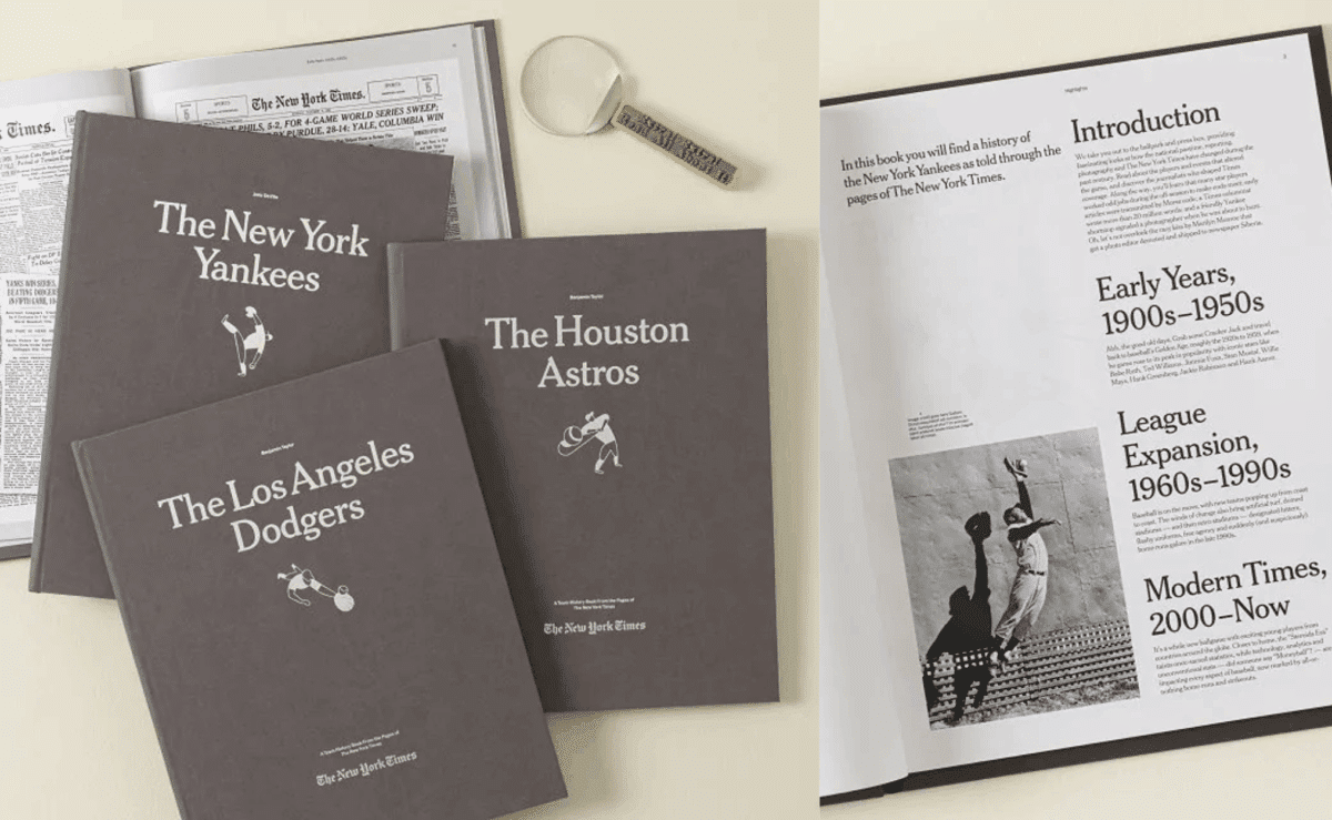 New York Times custom baseball history book collection featuring Yankees, Dodgers, and Astros editions.