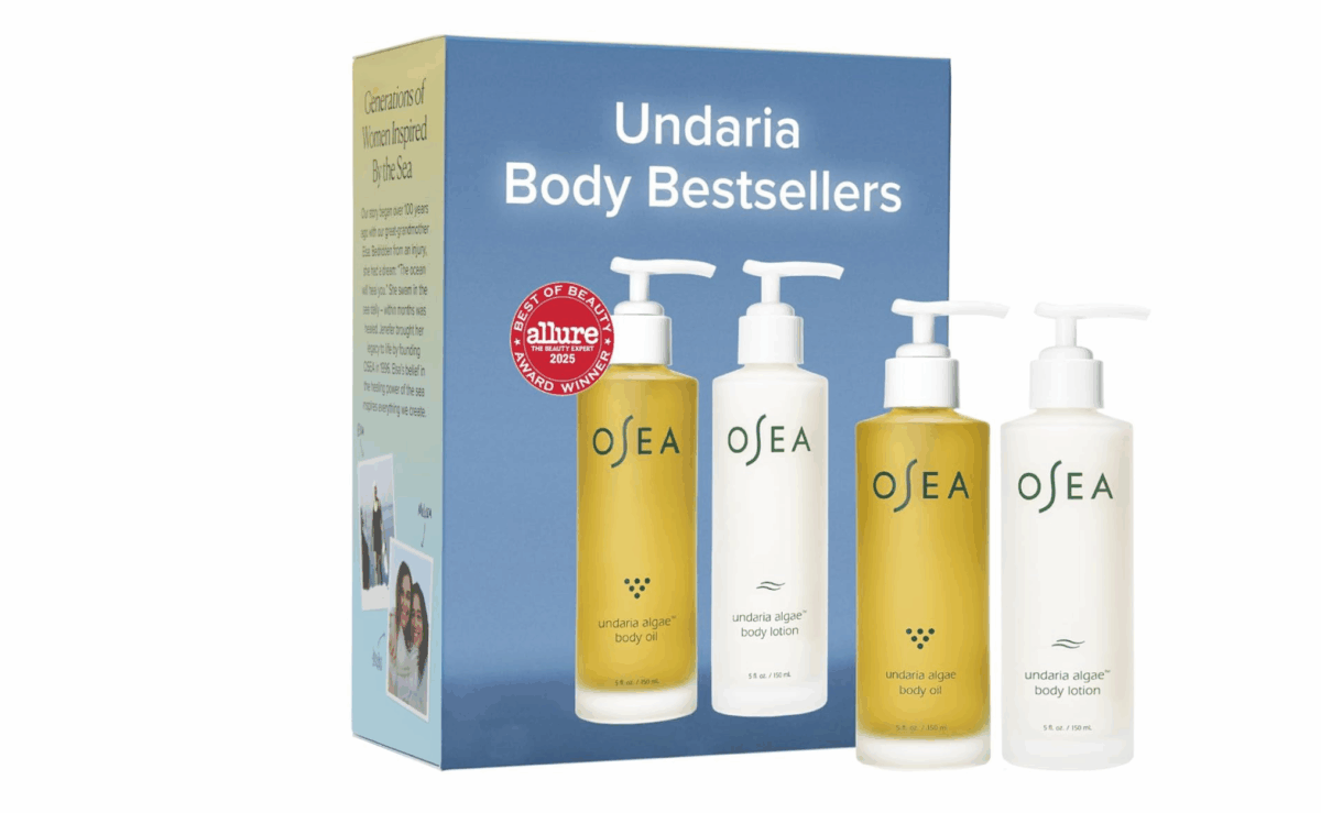 Osea Undaria body oil and lotion duo on a clean, spa-like surface.