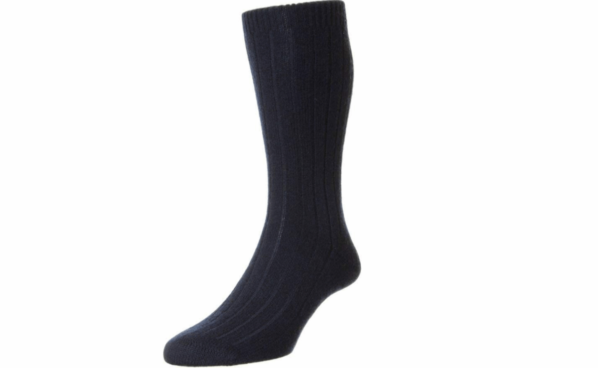 Single navy ribbed cashmere dress sock standing upright against a light background.