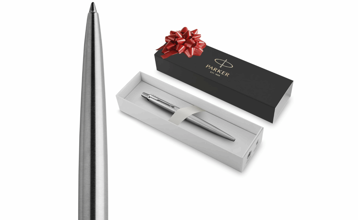 Stainless steel Parker Jotter ballpoint pen displayed inside its black and white gift box.