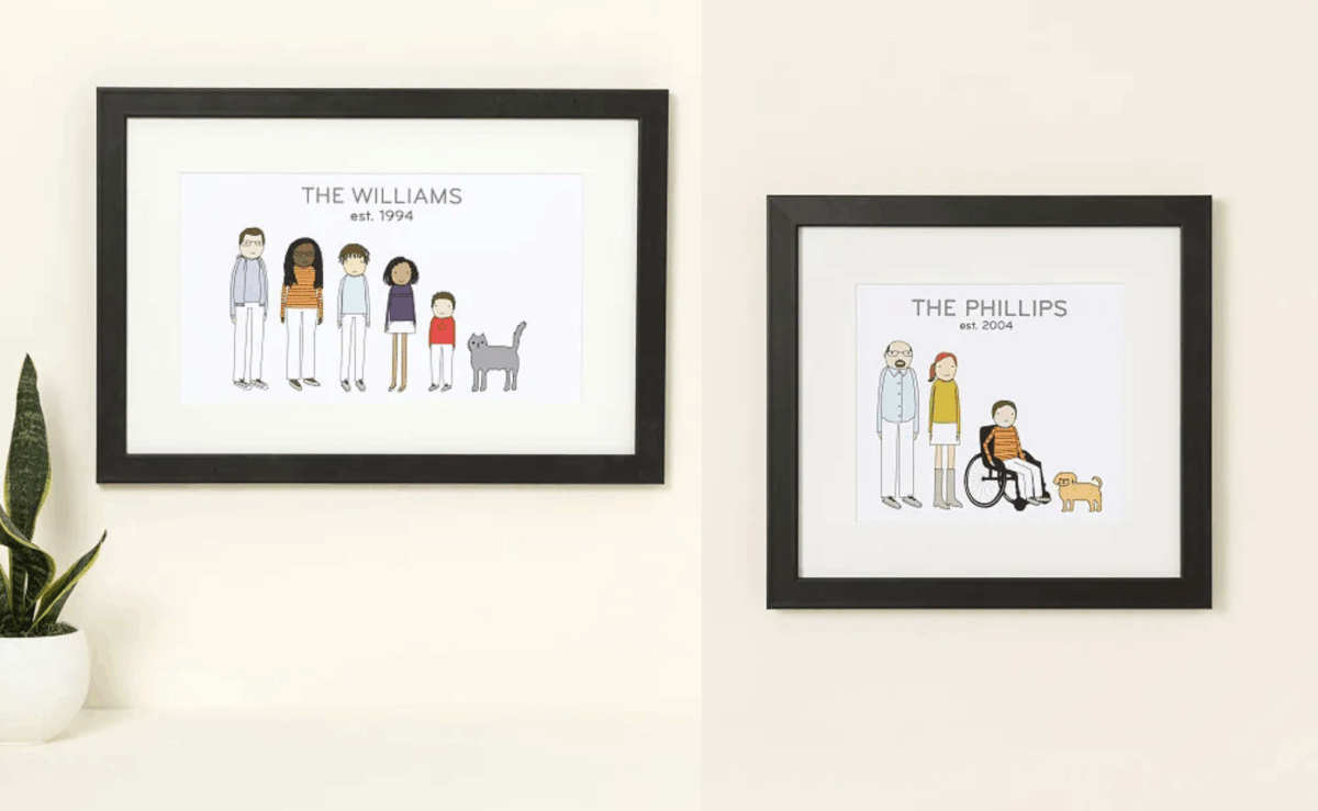 Personalized illustrated family portrait print framed and hanging on a wall.