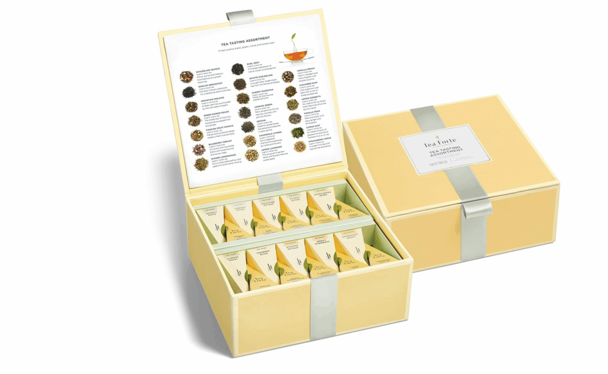 Tea Forté tasting chest gift box containing assorted pyramid tea infusers.