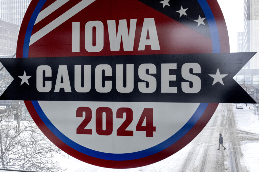 Signage with text: Iowa Caucuses 2024
