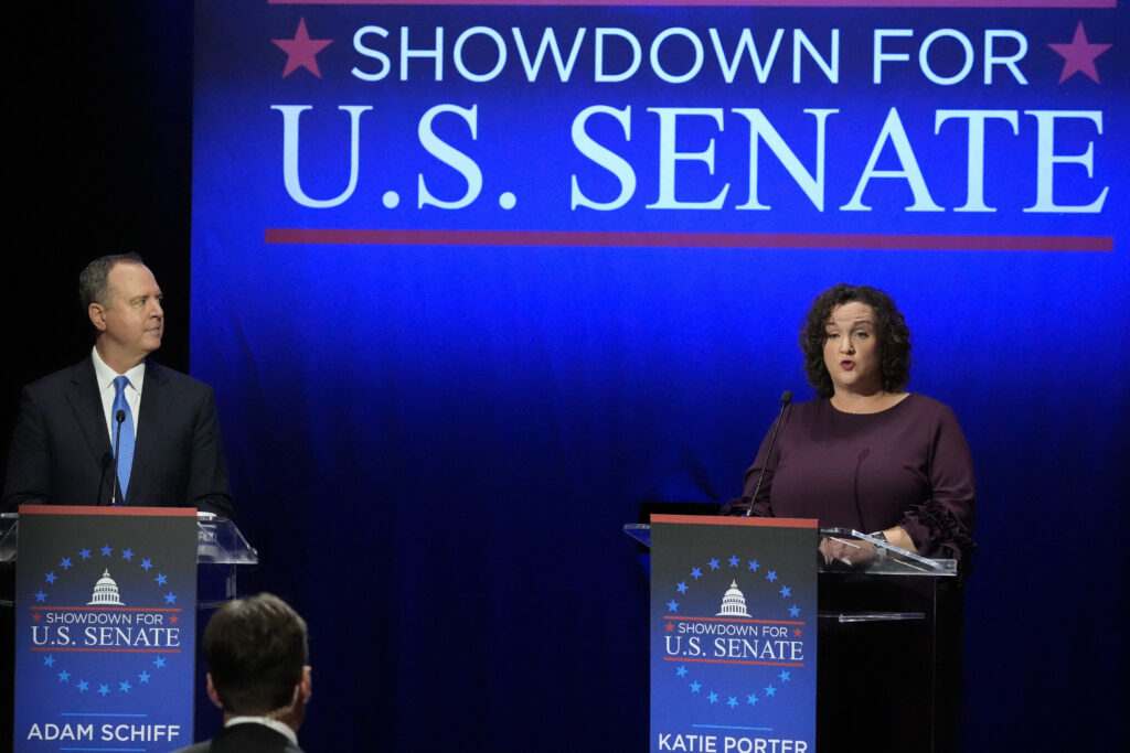 Schiff and Porter at podiums with text, "Showdown for U.S. Senate," in background