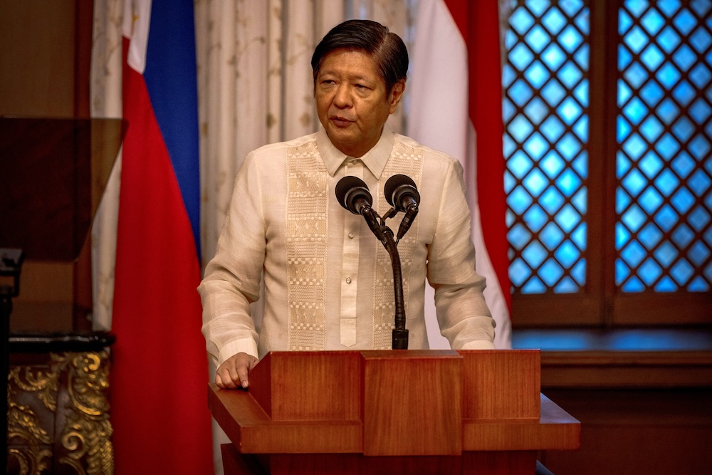 FILE PHOTO: Philippine President Ferdinand Marcos Jr. delivers a joint statement during the visit of Indonesian President Joko Widodo at the Malacanang Palace, in Manila, Philippines, January 10, 2024. Ezra Acayan/Pool via REUTERS/File Photo