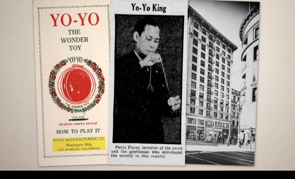 collage of yo-yo brochure, fil-am 'yo-yo king' with yo-yo and building