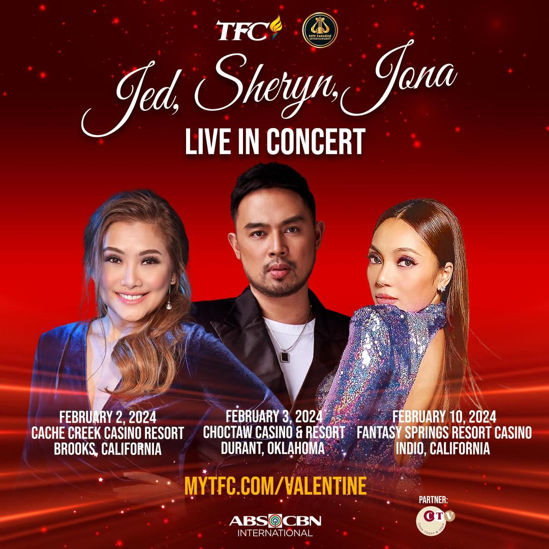 Valentine's concert poster showing photos of 3 performers