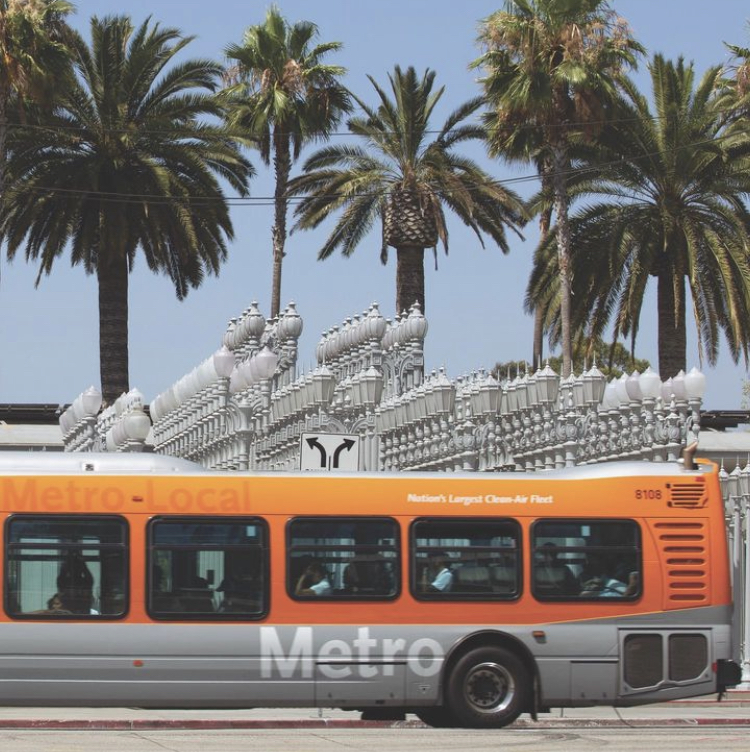 Metro bus with palm trees in background