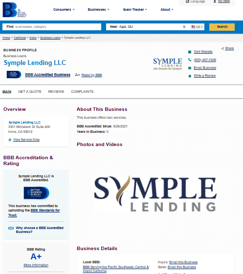 Symple Lending LLC Better Business Bureau profile showing A-plus rating, BBB accreditation since 2021, and Irvine California business address