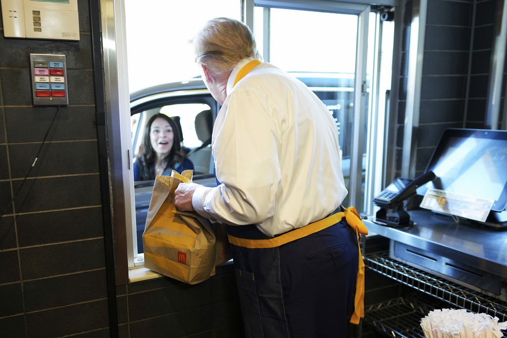 Trump works the fry station at a fast food in Pennsylvania