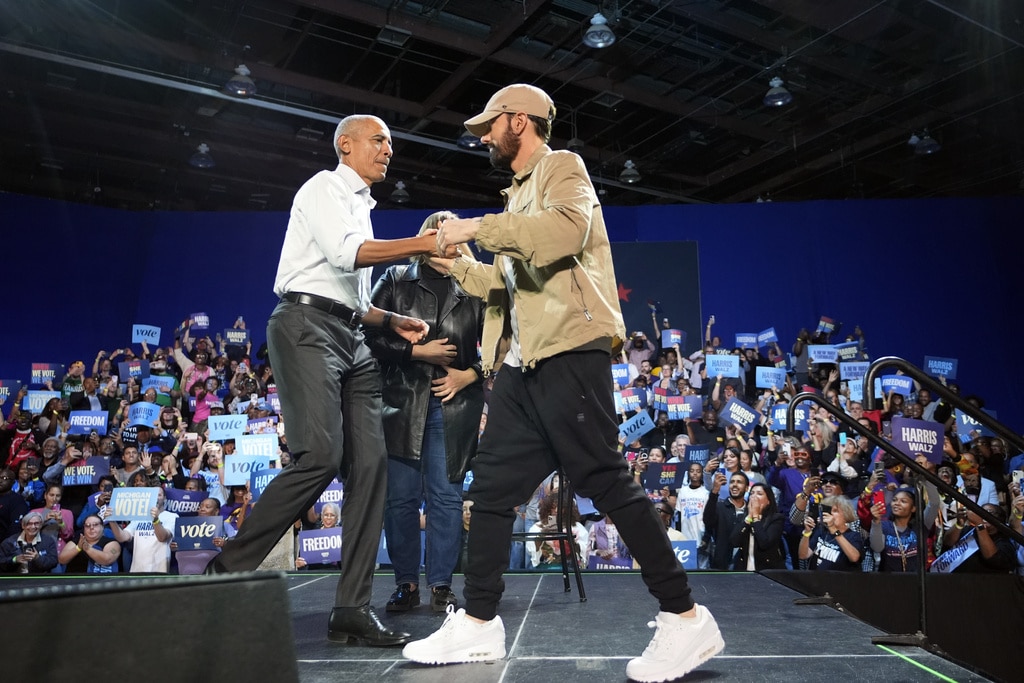 Rapper Eminem and Obama rally voters for Kamala Harris in Detroit