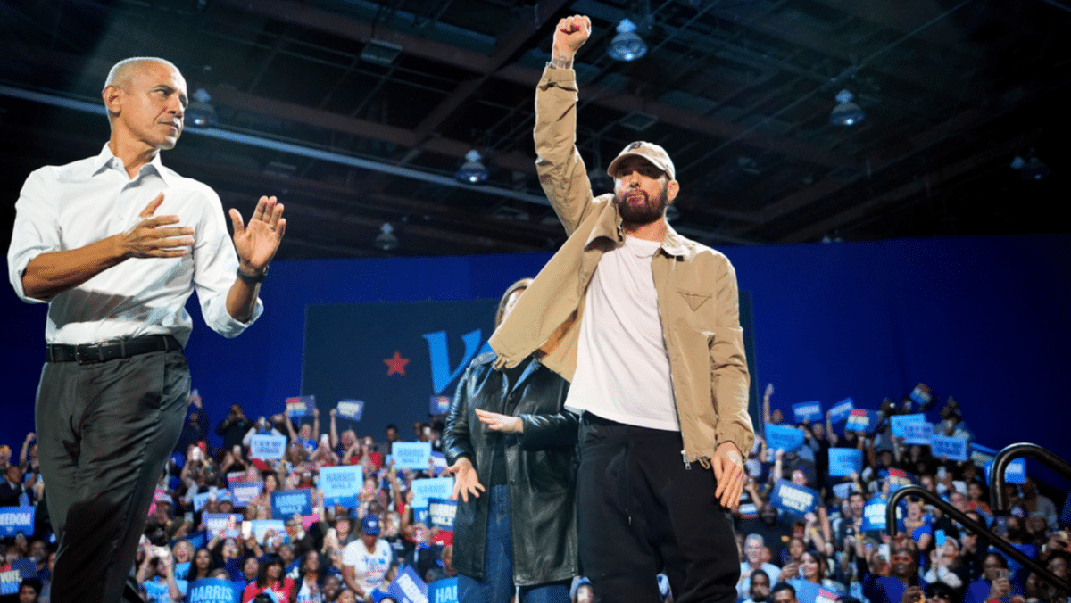 Rapper Eminem and Obama rally voters for Kamala Harris in Detroit