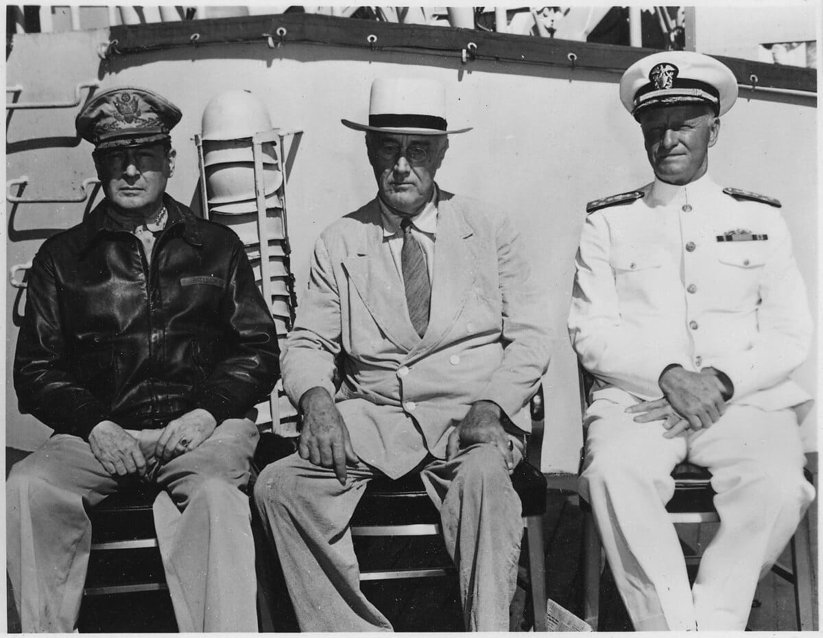 President Roosevelt , General MacArthur, and Admiral Nimitz