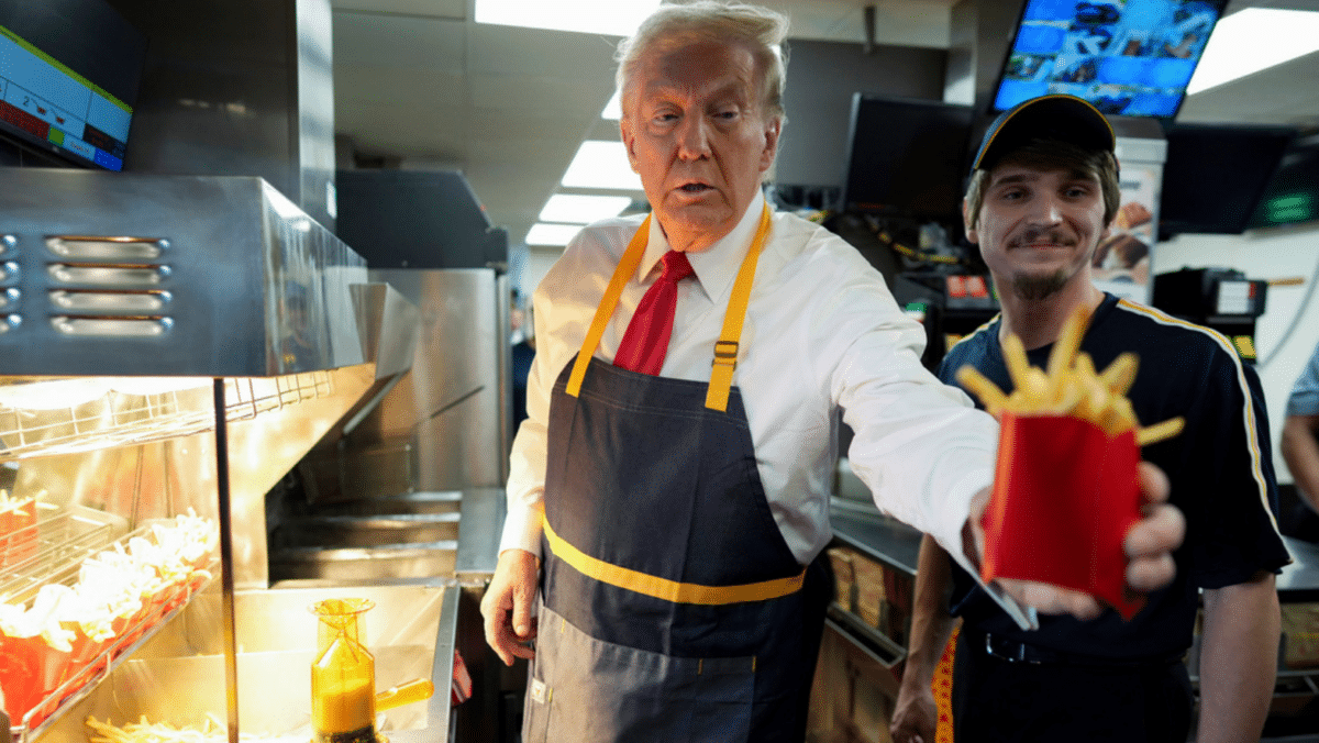 Trump works the fry station at a fast food in Pennsylvania