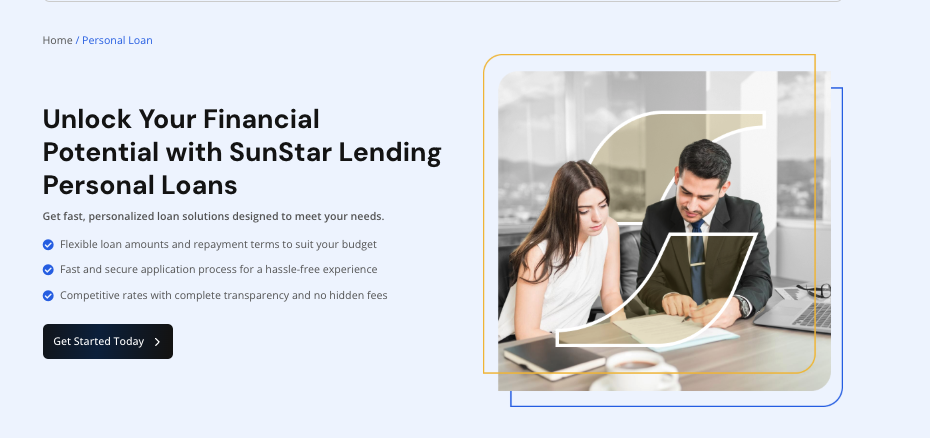 SunStar Lending's personal loans described as a financial Swiss Army knife, offering amounts from $1,000 to $50,000, competitive rates starting at 4.6% APR, quick approvals, and flexible use without requiring collateral.