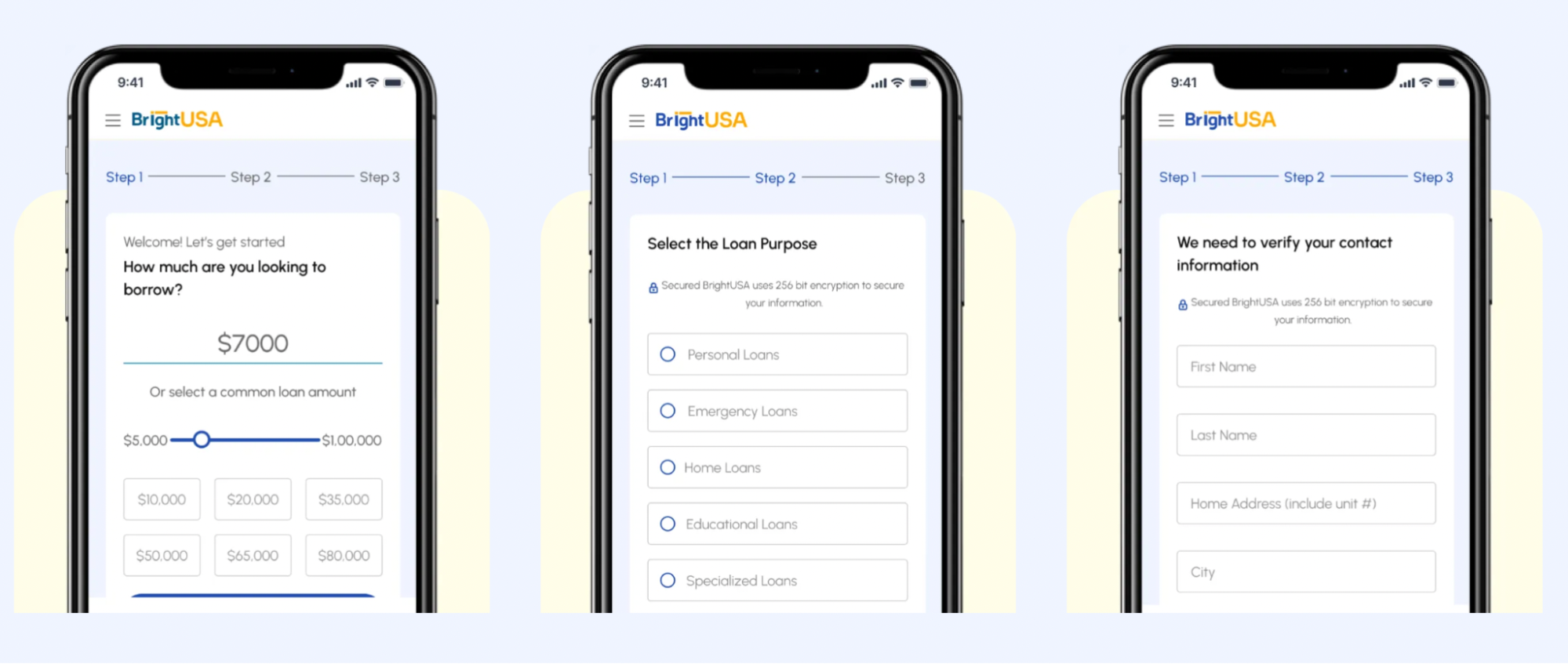 A series of three smartphone screens showing the BrightUSA digital application: Step 1 asks "How much are you looking to borrow?" with a slider; Step 2 shows loan purpose options like Personal and Emergency loans; Step 3 shows contact information verification fields.