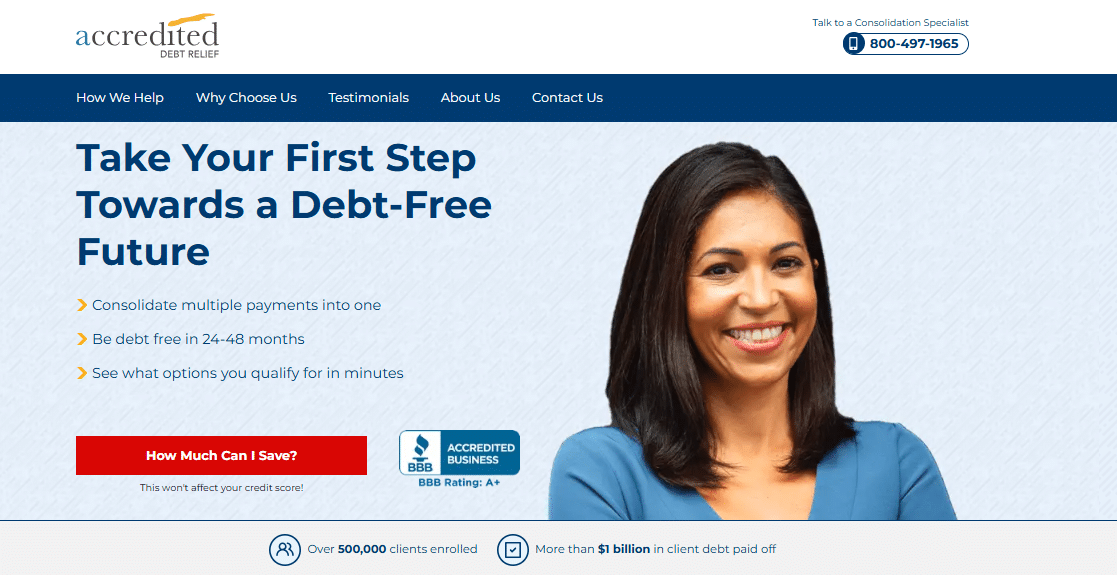 Smiling representative with Accredited Debt Relief banner promoting financial freedom and debt solutions