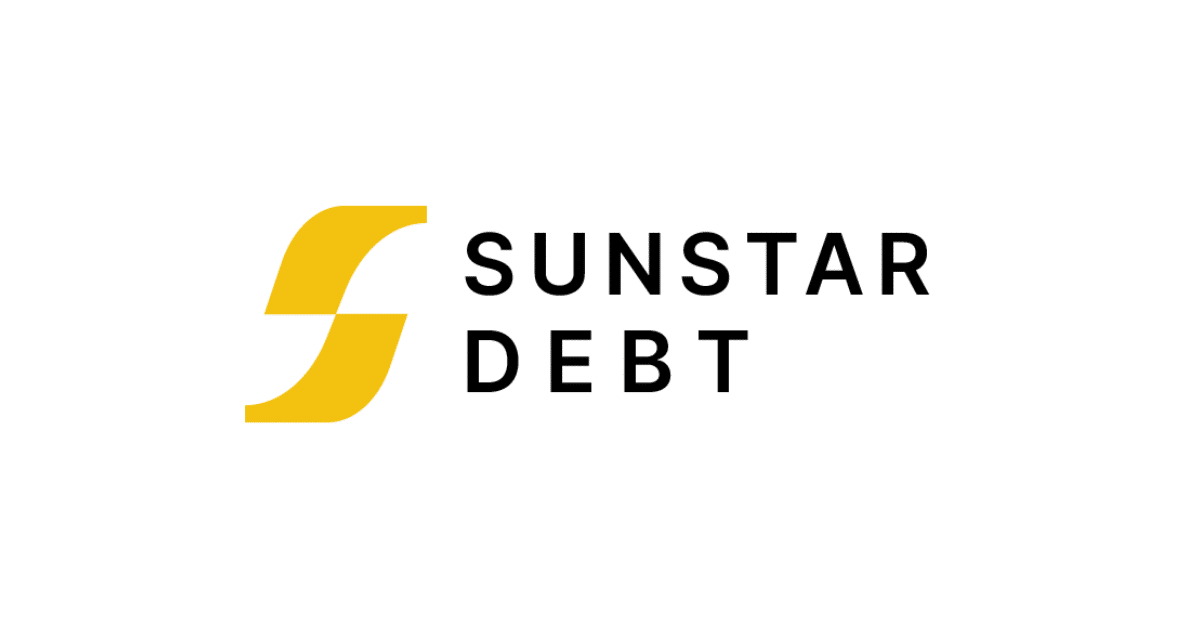 SunStar Debt logo with a background of financial documents, showing services like debt consolidation, settlement, and counseling.