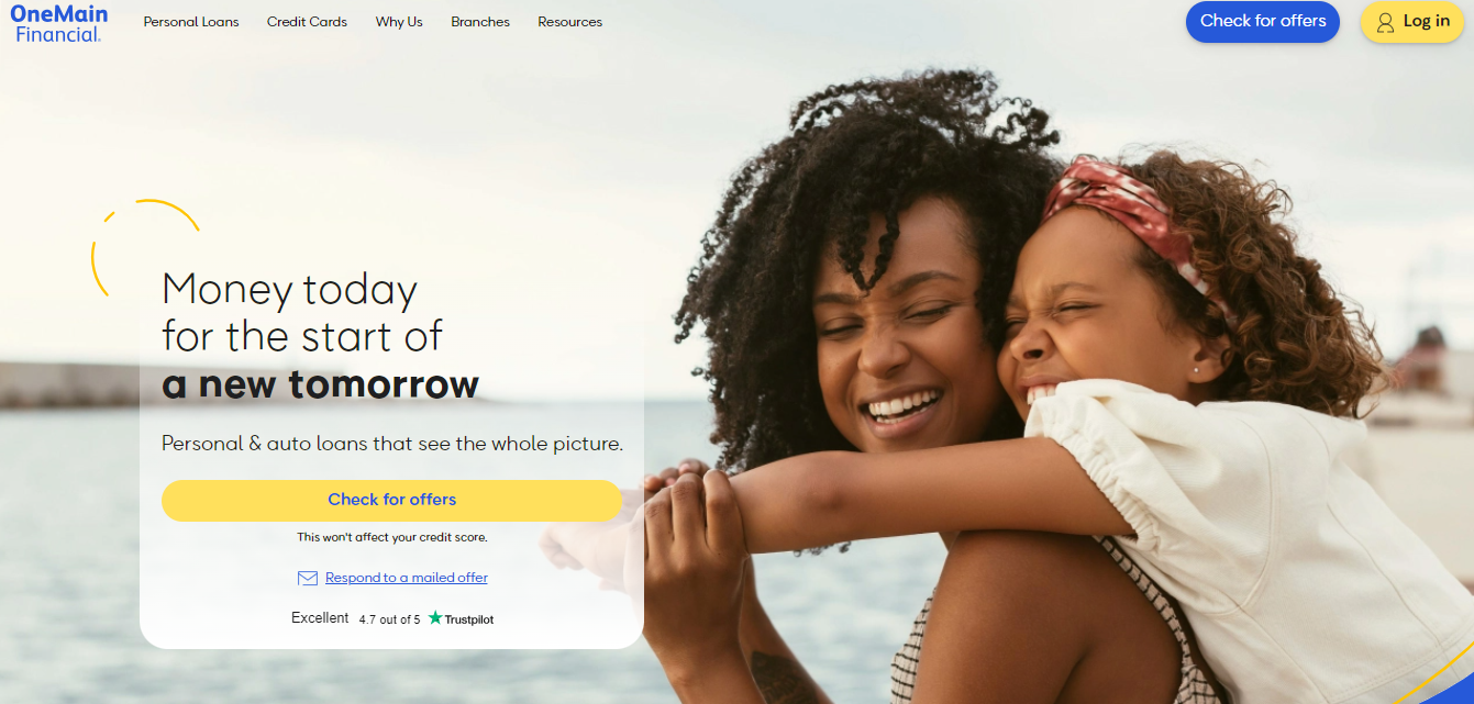 Smiling mother and daughter embracing, with a OneMain Financial advertisement overlay promoting personal and auto loans, featuring the tagline 'Money today for the start of a new tomorrow.'