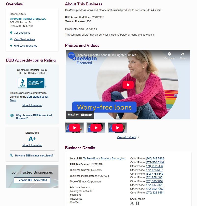 OneMain Financial BBB profile showing A+ rating and business details