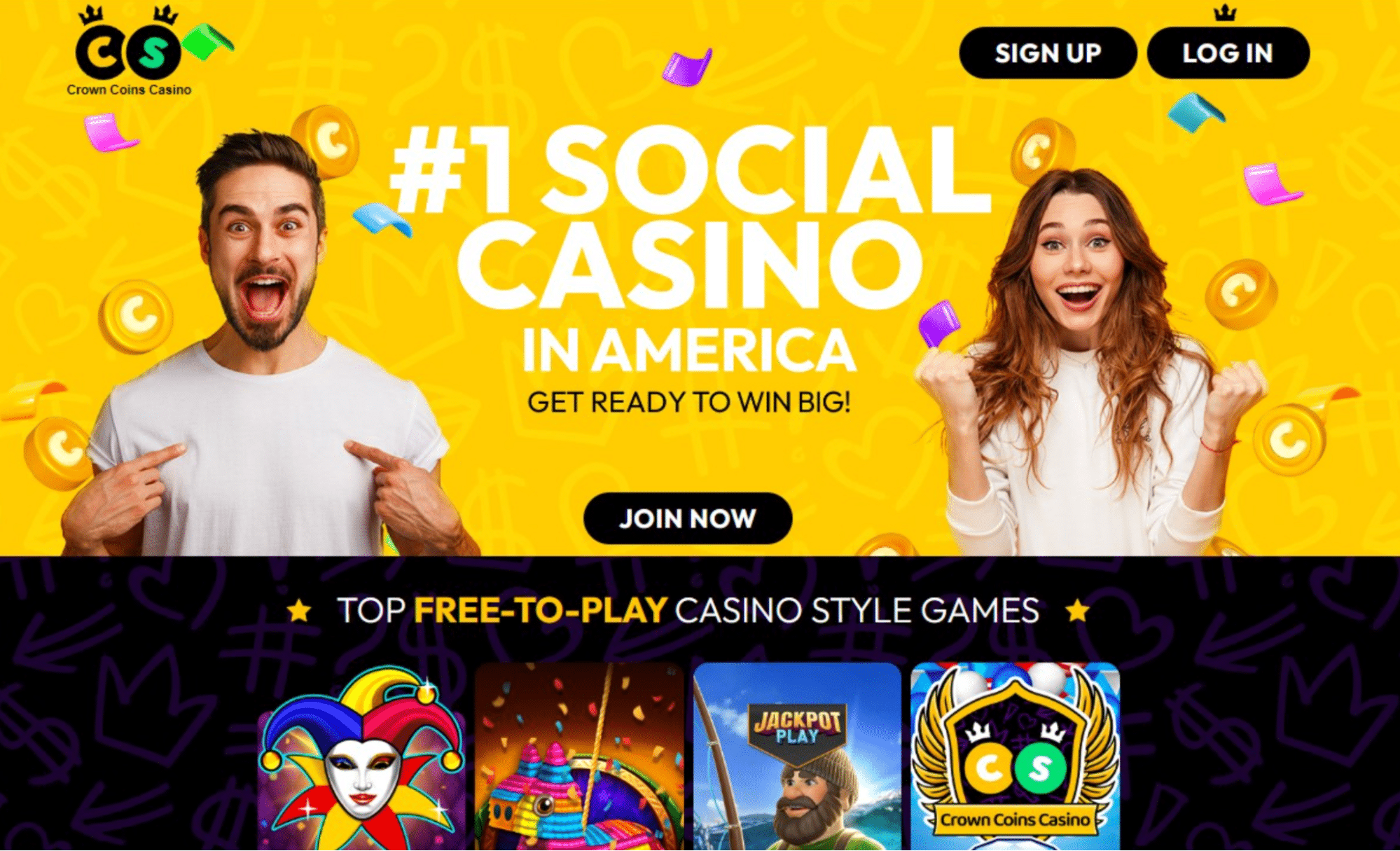 Crowncoins Casino promotional banner featuring excited players, casino-themed graphics, and a sign-up offer for free-to-play games.
