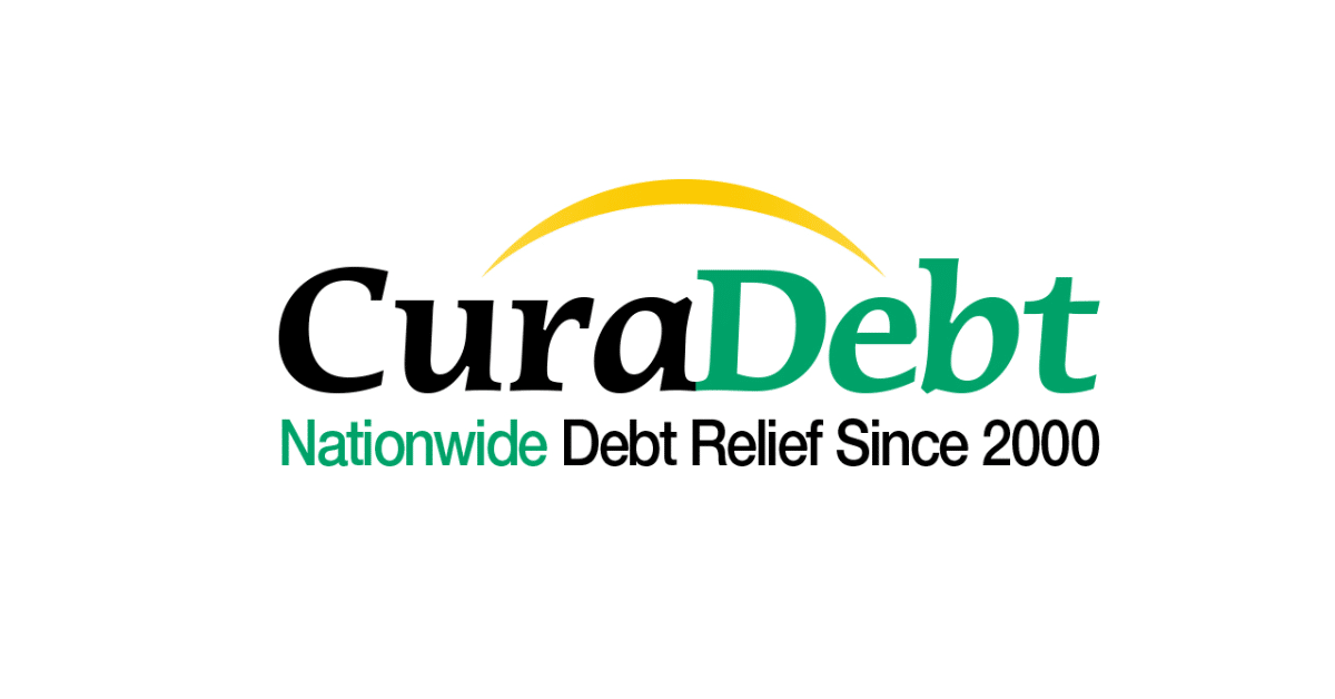 CuraDebt company logo with the tagline "Nationwide Debt Relief Since 2000" in black and green text with a yellow swoosh above the name.