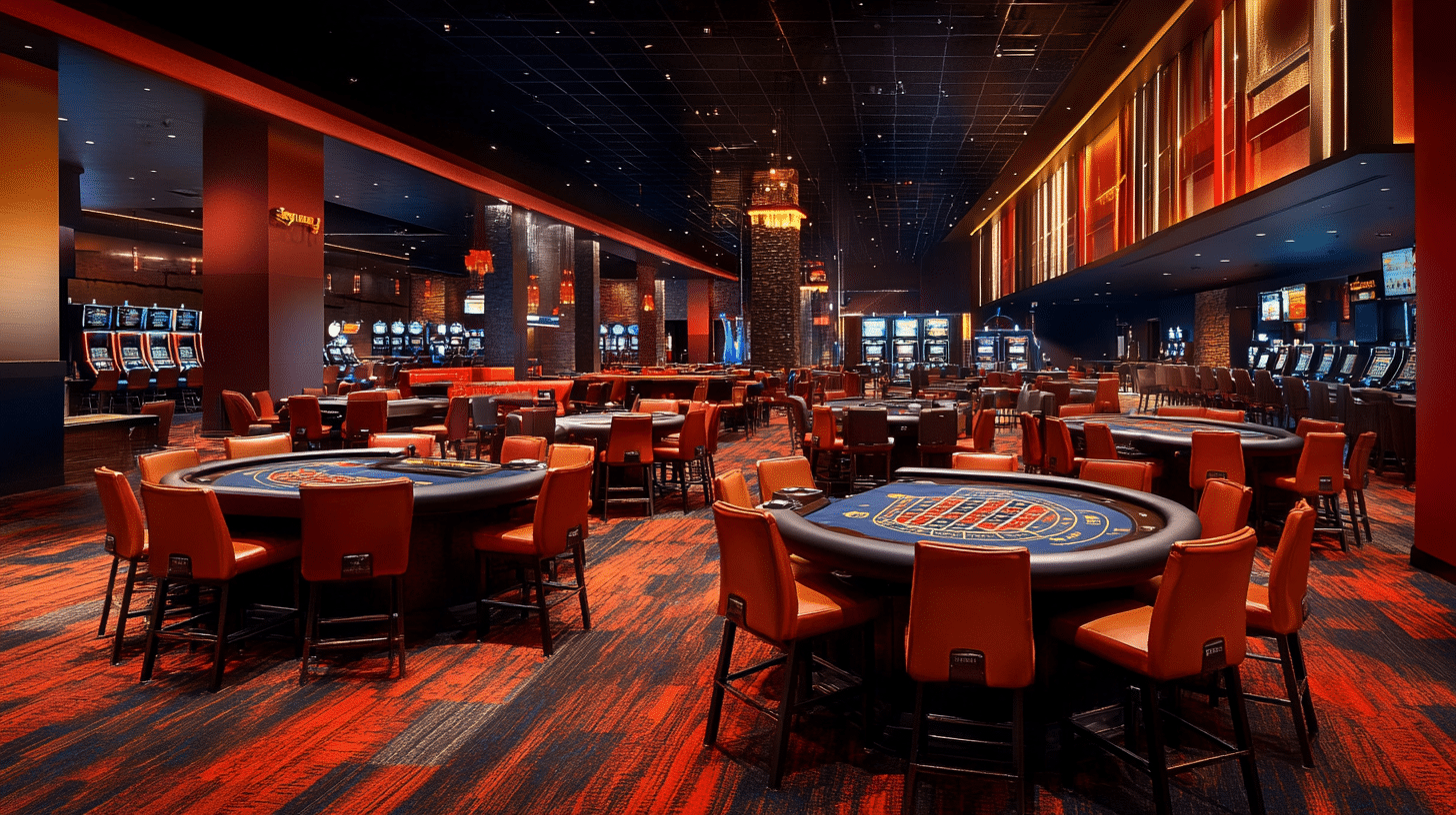 A stylish casino floor featuring gaming tables, slot machines, and ambient lighting, representing the immersive experience of sweepstakes casinos.