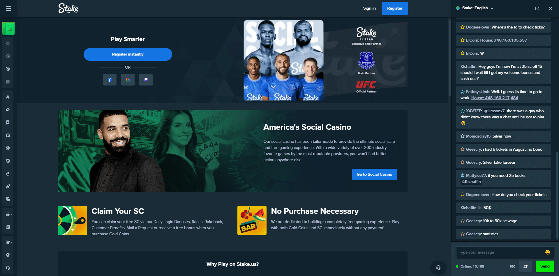 Screenshot of the Stake Casino homepage featuring promotions, user chat, and gaming options, highlighting its sweepstakes casino model.