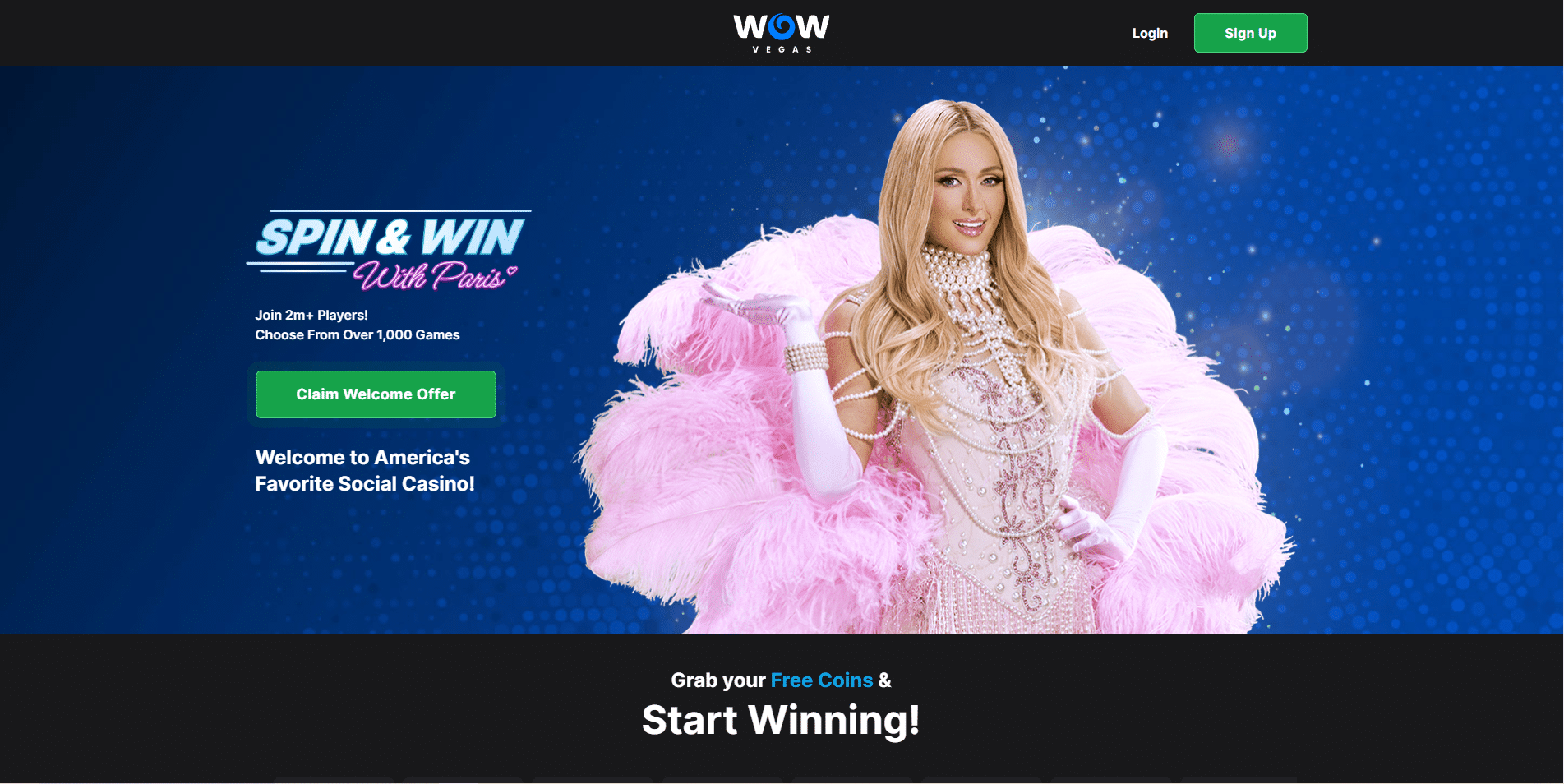 Wow Vegas Casino promotional banner featuring Paris Hilton, a sign-up offer, and a call-to-action to claim free coins and start playing.